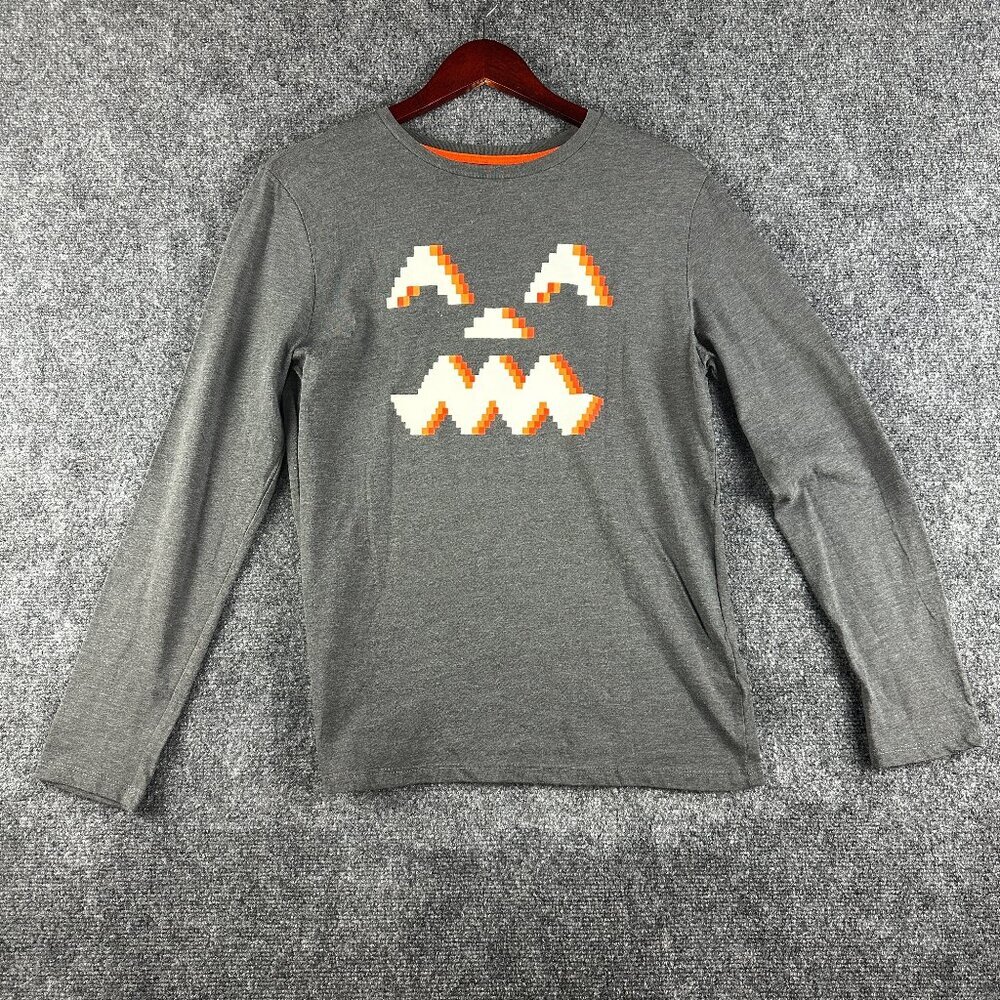 Pumpkin Tee Shirt Boys XL Gray Cotton Long Sleeve Jack O Lantern Face